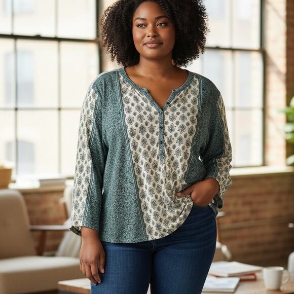 Style & Co Henley Top Womens Size 2X Teal Woodcut Mixed Print Boho Knit Tee - Picture 8 of 8